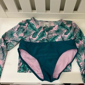 Cat & Jack Girls Teal Bikini Bottom with Pink & Green Palm Print Rash Guard